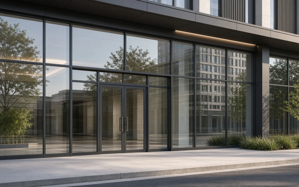 Generated architectural visualization of a commercial storefront and glass entrance