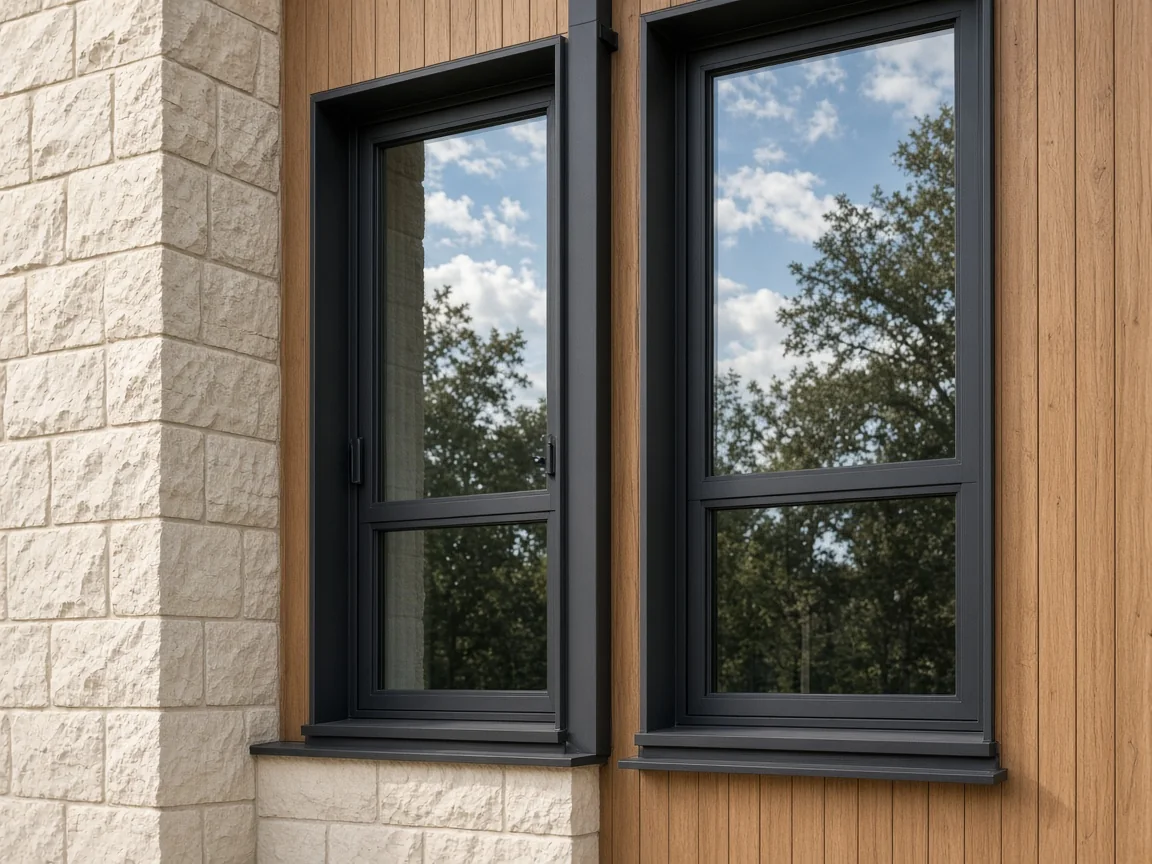 AI concept visualization of black-framed residential windows in a finished exterior wall