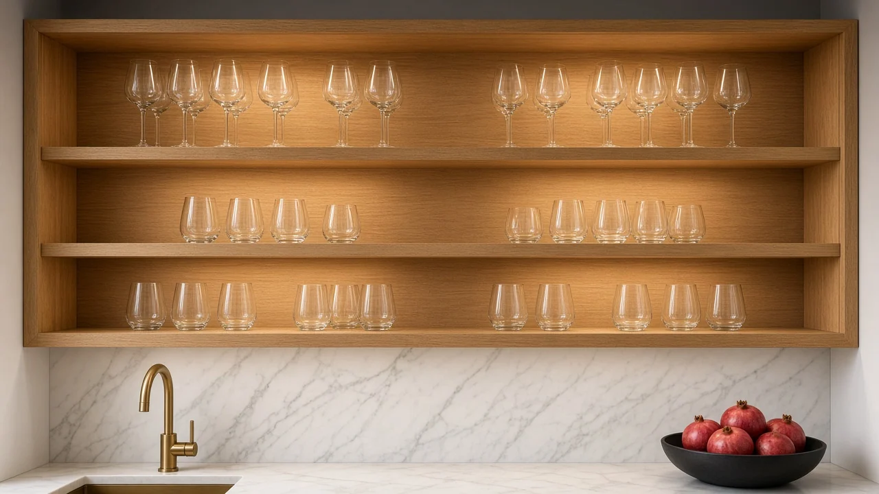 AI-generated concept of an open oak cabinet, used as the fixed interior behind aluminum-framed glass door studies