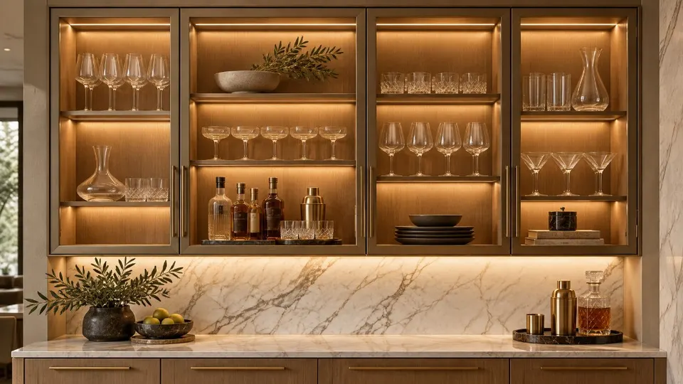 AI-generated concept of a four-door aluminum-framed glass cabinet above a marble backsplash
