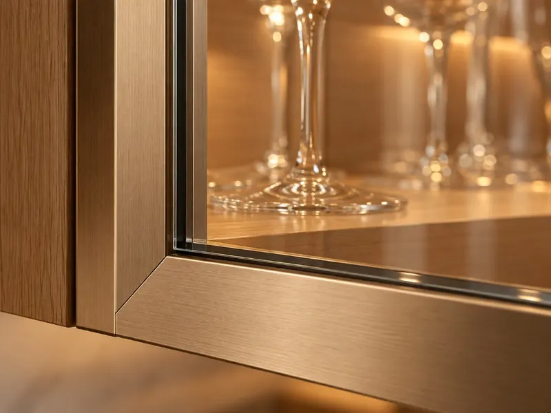 AI-generated concept of an aluminum frame corner holding the glass on a lit cabinet