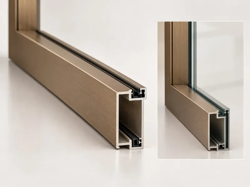 AI-generated concept of a brushed aluminum cabinet-door frame profile and glass channel