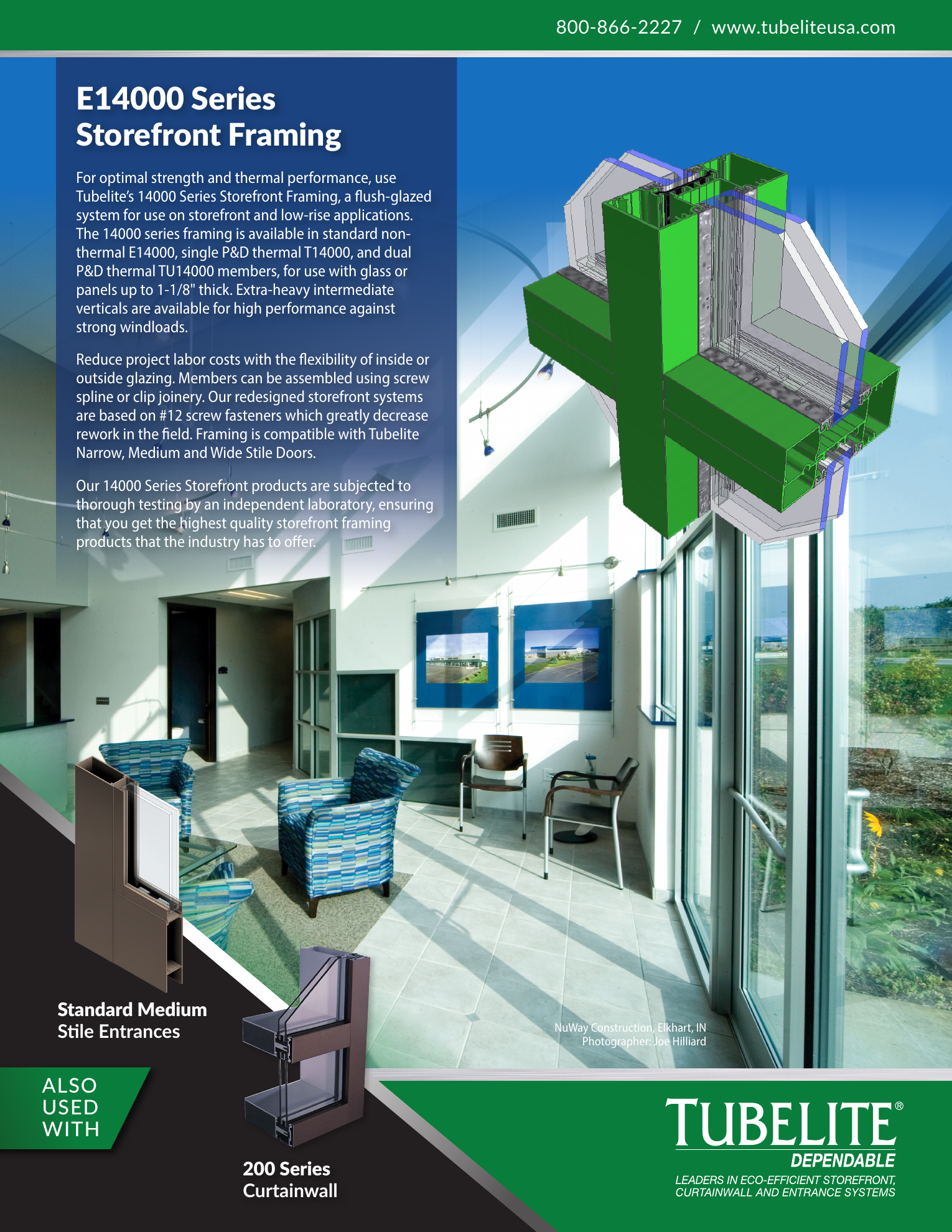 Tubelite E14000 storefront aluminum extrusion and glazing assembly rendering