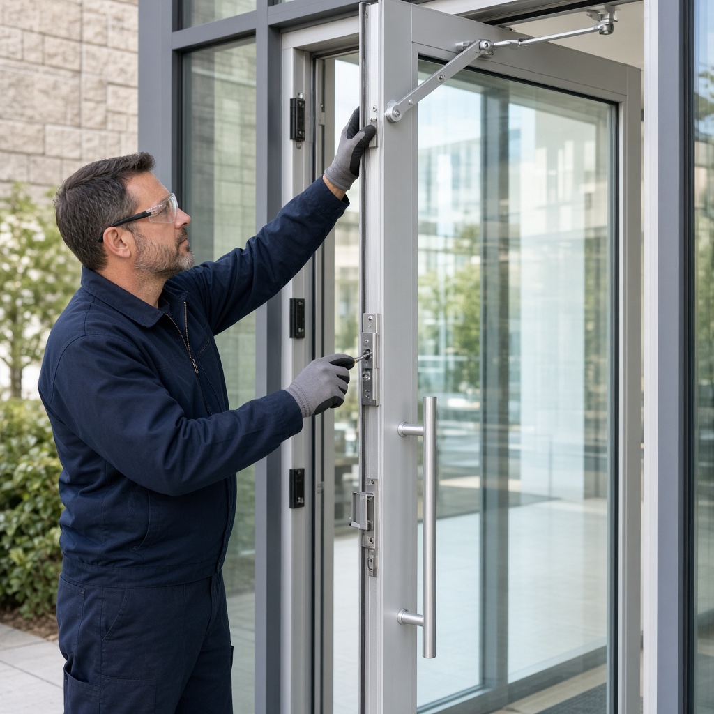 Commercial glazier installing and adjusting hardware on a full-size aluminum and glass entrance door
