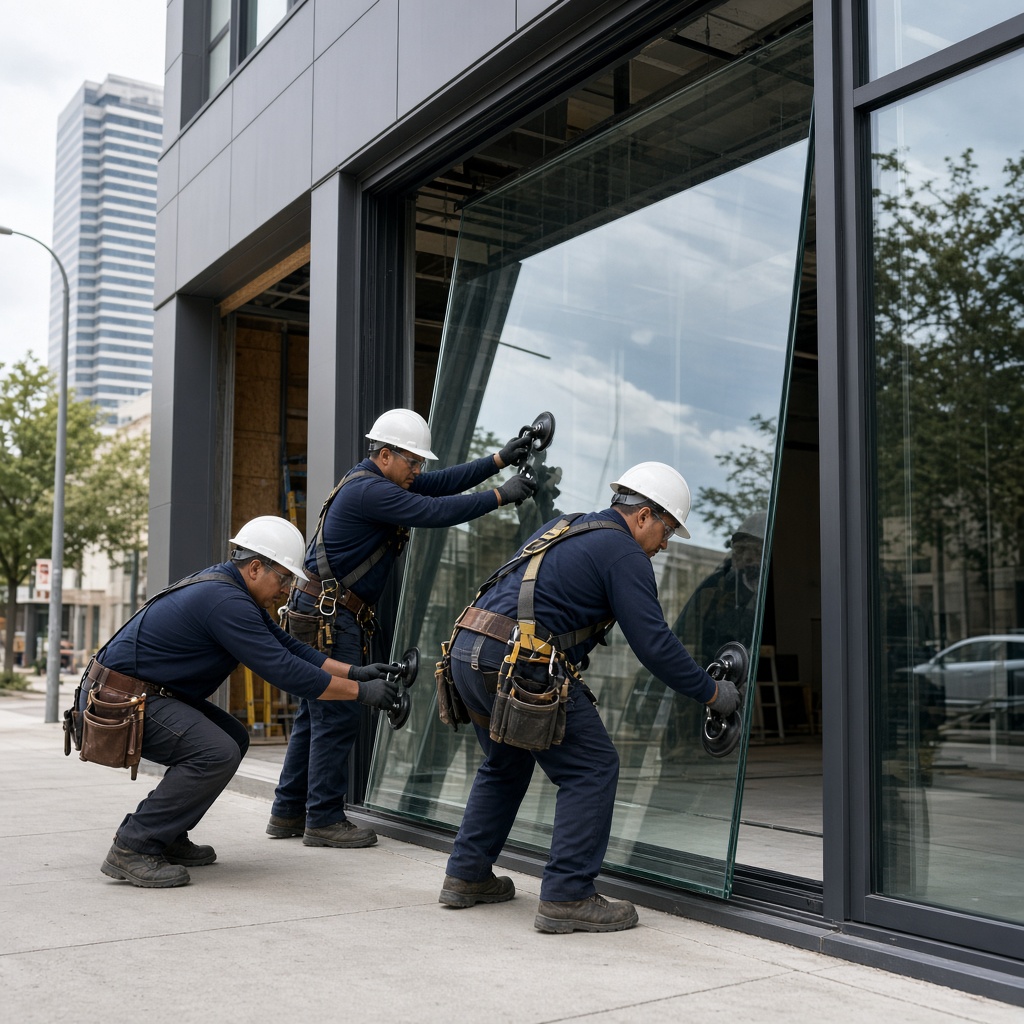 Commercial glazing crew setting a large storefront glass panel with vacuum lifting tools