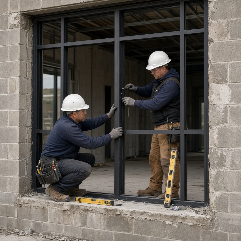 Two commercial glaziers aligning dark aluminum storefront framing in a masonry opening