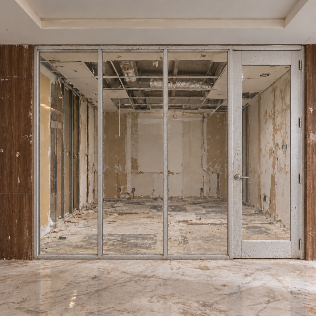 Existing aluminum-framed glass storefront in an unfinished interior renovation condition