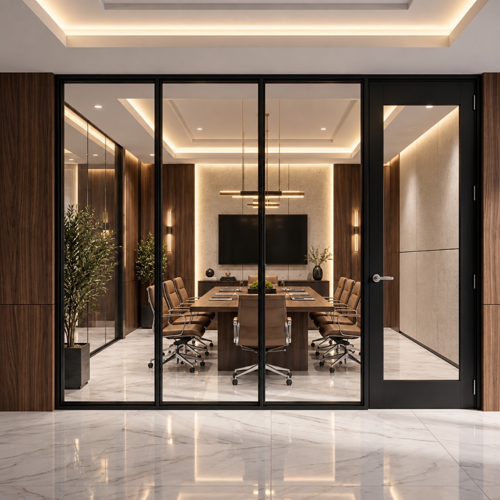Concept visualization of a finished black-framed glass conference room enclosure