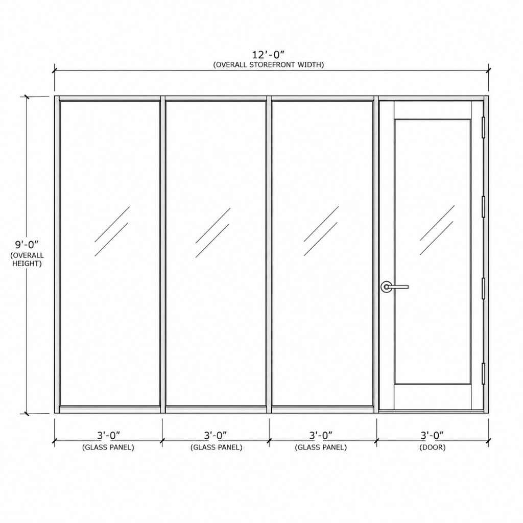 Dimensioned storefront elevation concept with three glass panels and one glazed door